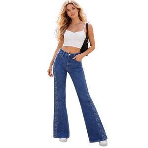 Zana-Di Vintage Flare Jeans Women 7/8 Blue Medium Wash Glitter Embroidered Y2K